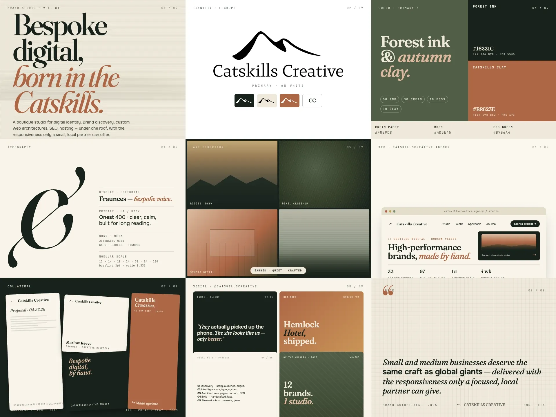 Catskills Creative brand identity board showing logo variations, colour palette, typography and branded applications